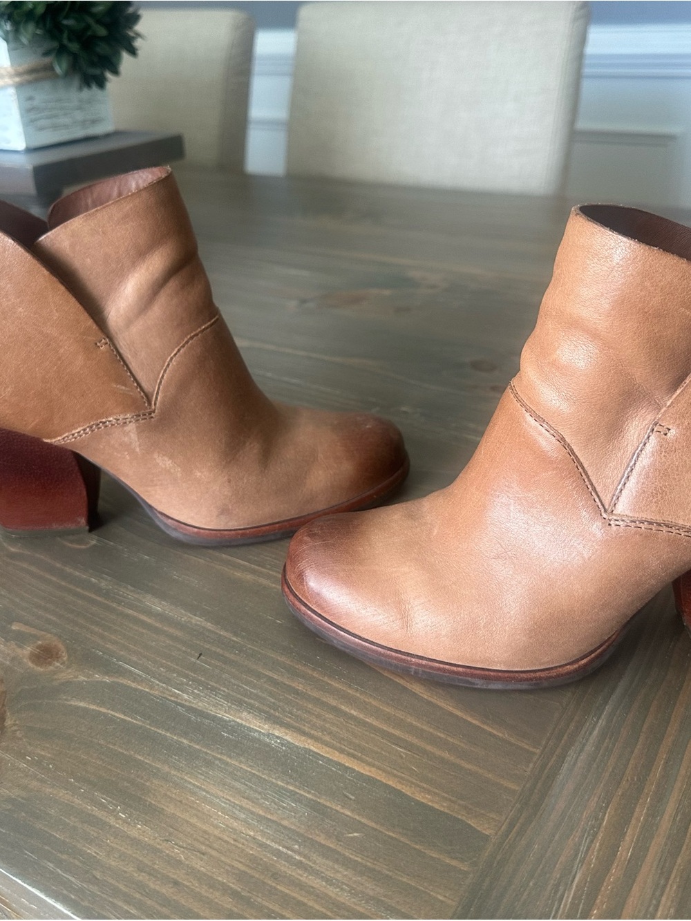 Kork-Ease Brown Leather Ankle Booties with Stacked Heel